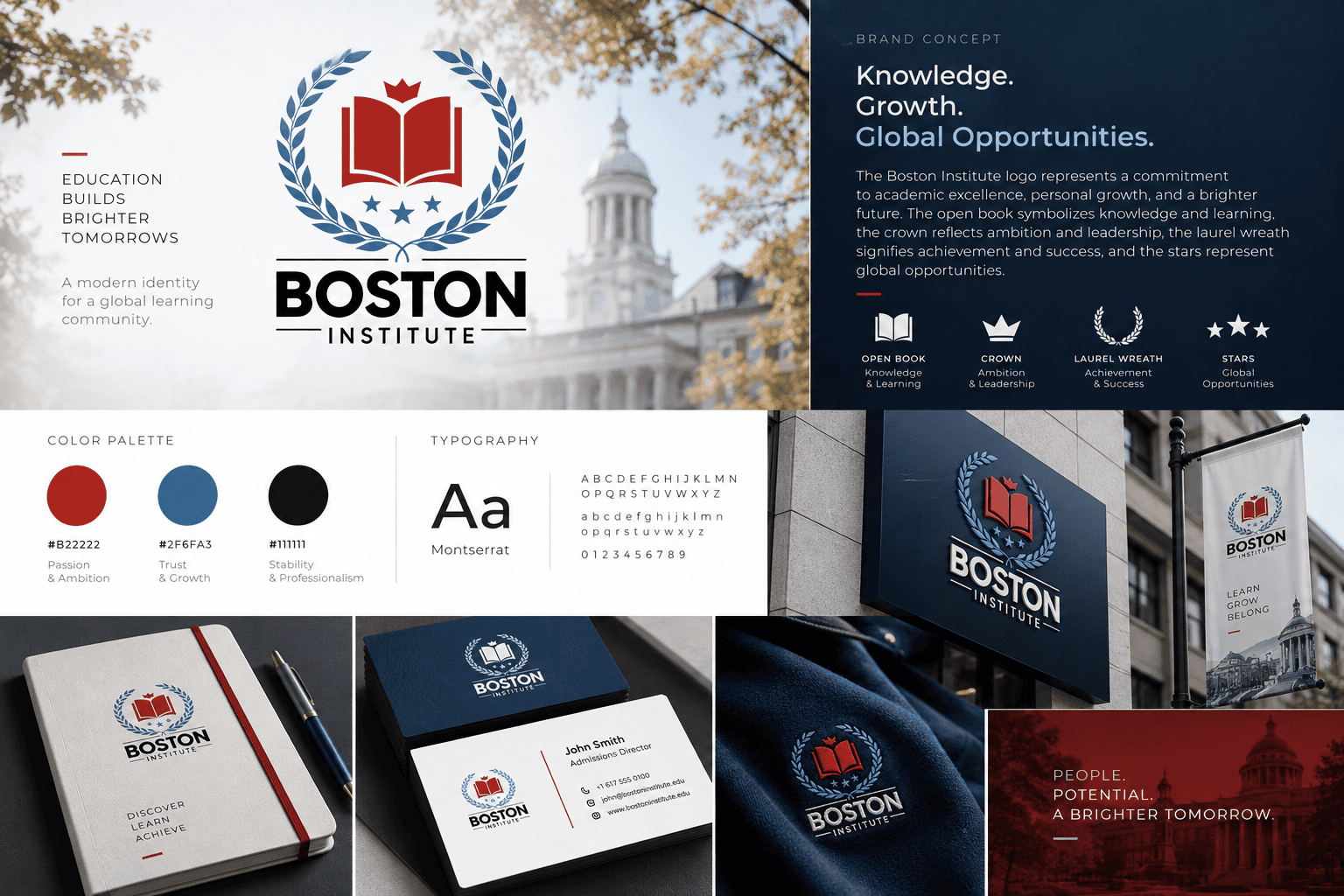 Boston Institute brand identity board: crest logo, palette, stationery and signage