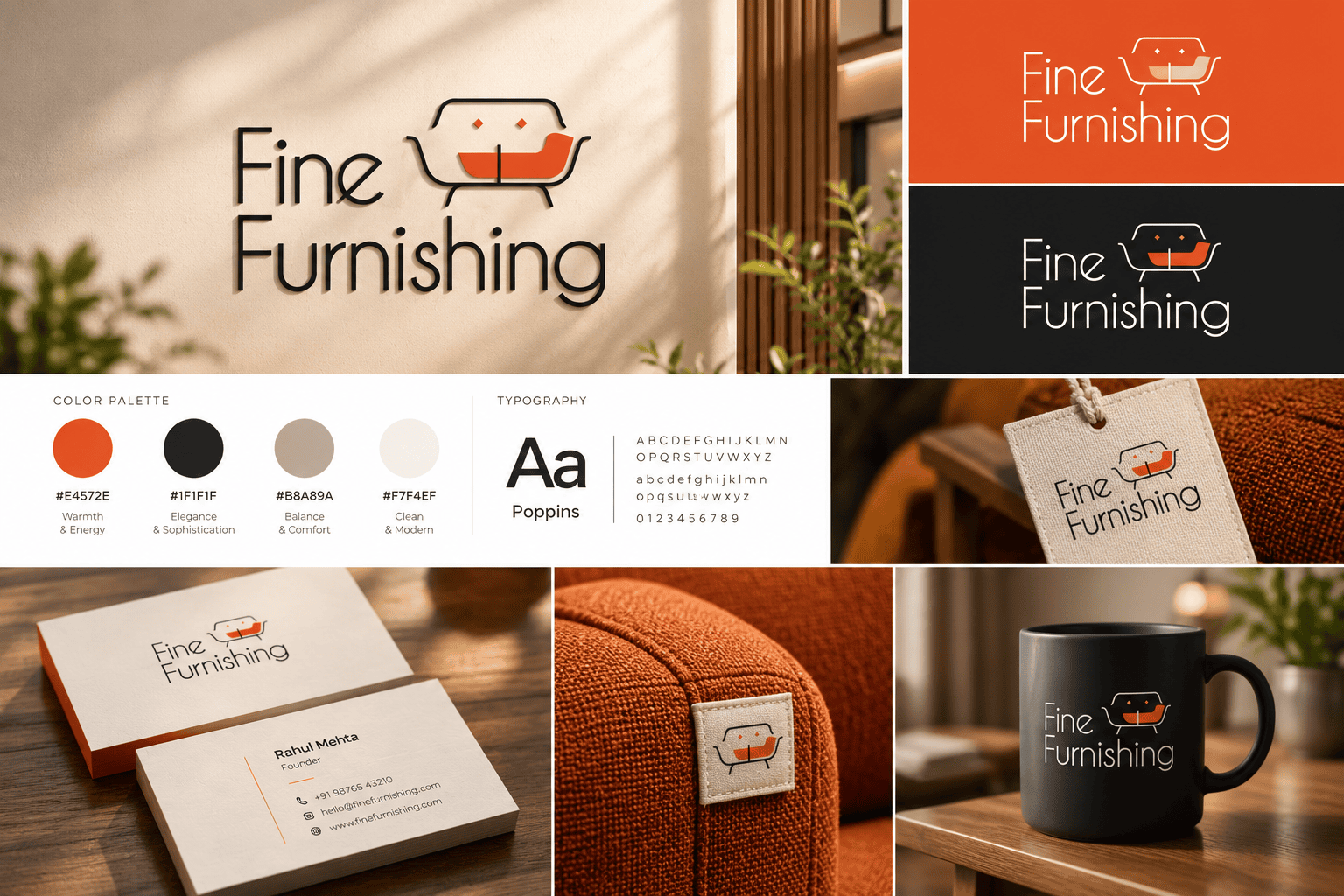Fine Furnishing brand identity board: logo, colour palette, typography, business cards and mug