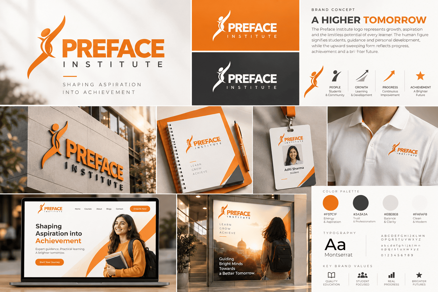 Preface Institute brand identity board: orange logo, signage, stationery and web layout