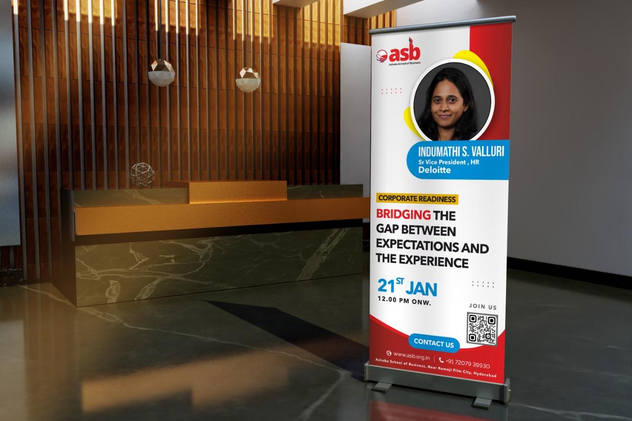 Roll-up standee for a corporate leadership session in a hotel lobby