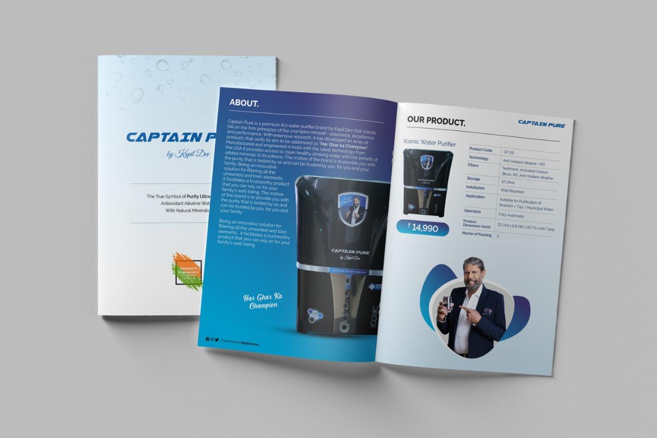 Open product brochure with blue layout and product photography