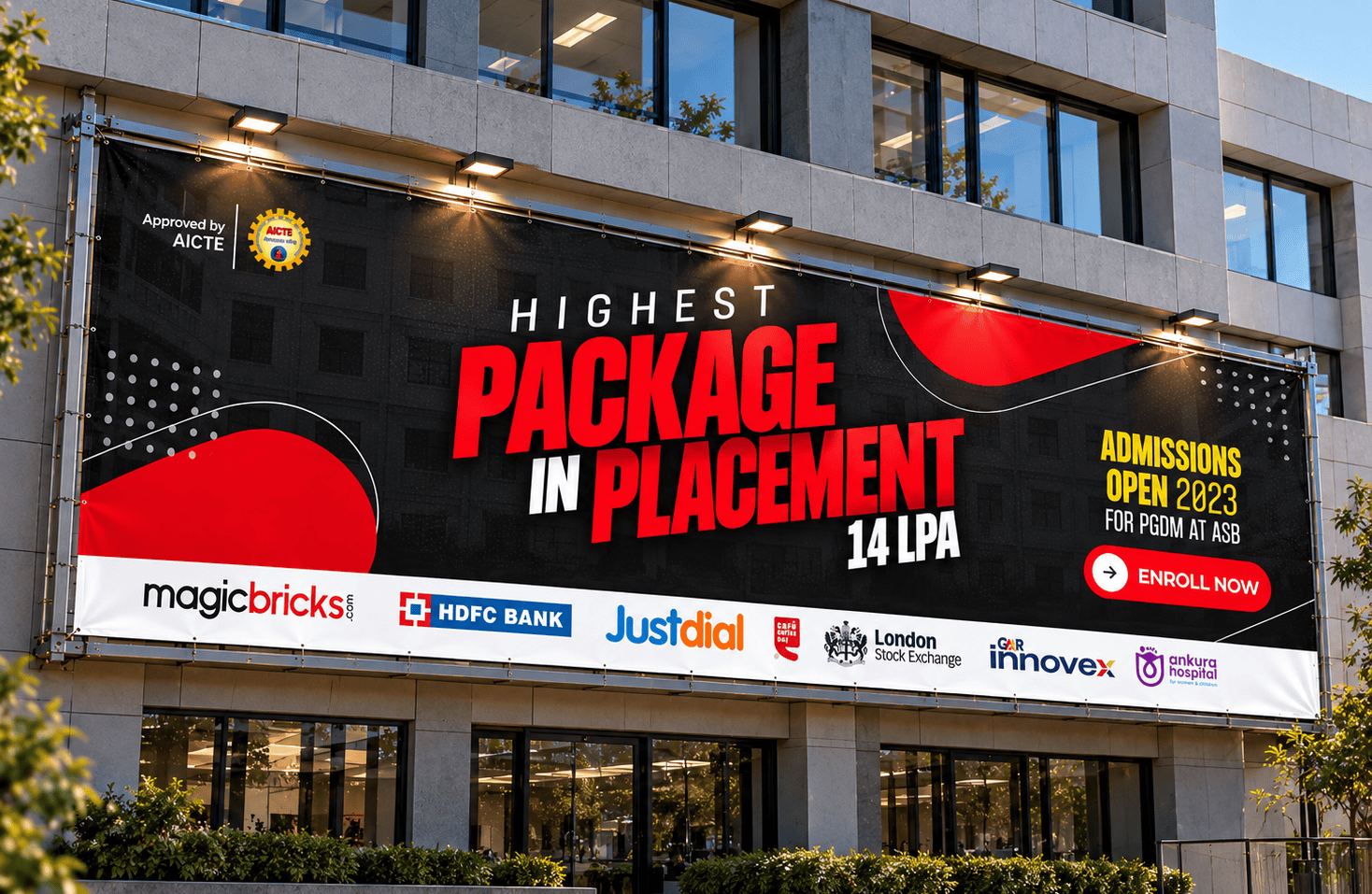 Outdoor billboard on a building: 'Highest package in placement 14 LPA', with recruiter logos