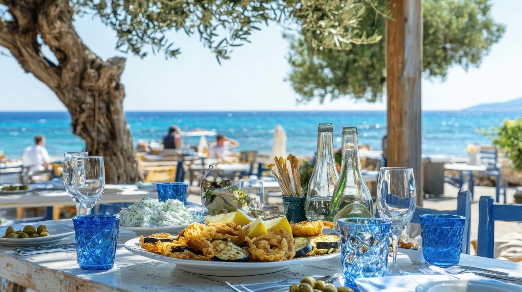 A charming Greek taverna by the sea, with crispy fried zucchini and eggplant slices served with tzatziki and lemon wedges. The table is set with fresh seafood, olives, and glasses of ouzo, with the blue waters of the Mediterranean in the background, creating a relaxed coastal atmosphere. --ar 16:9 --quality 2 --style raw --v 6.1 Job ID: cf9637c4-9277-4f70-a908-d51cddd22d75