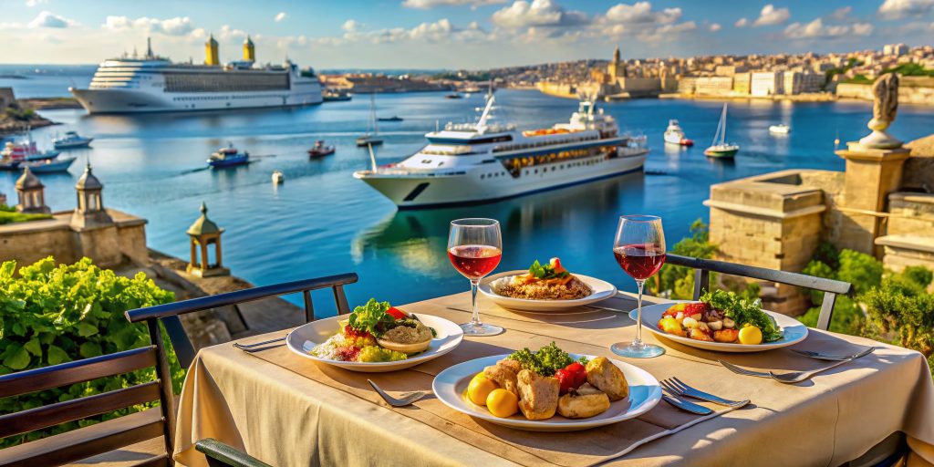 Delicious Maltese Cuisine & Valletta Harbor Cruise Ship View from Birgu, Malta