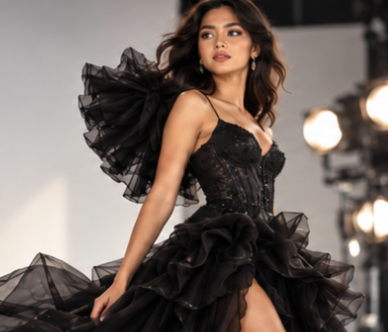 Model in a black ruffled gown under studio lights